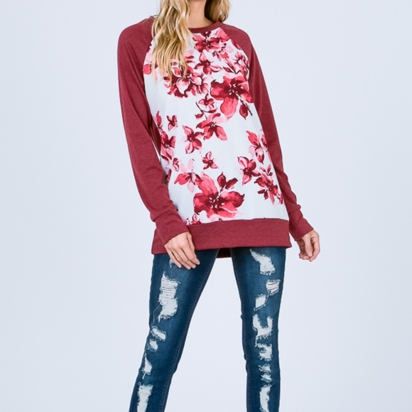 DONATED!! Burgundy raglan sleeve floral print - Picture 2 of 5